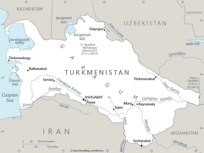 CIA World Factbook map of Turkmenistan, showing major cities, rivers and neighbouring countries