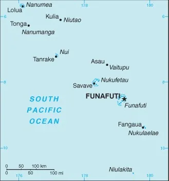 CIA World Factbook map of Tuvalu, showing major cities, rivers and neighbouring countries
