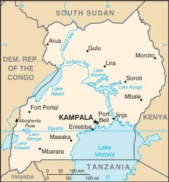 CIA World Factbook map of Uganda, showing major cities, rivers and neighbouring countries