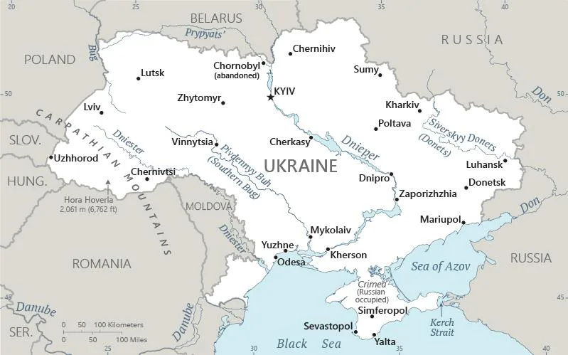 CIA World Factbook map of Ukraine, showing major cities, rivers and neighbouring countries