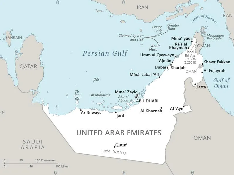 CIA World Factbook map of United Arab Emirates, showing major cities, rivers and neighbouring countries