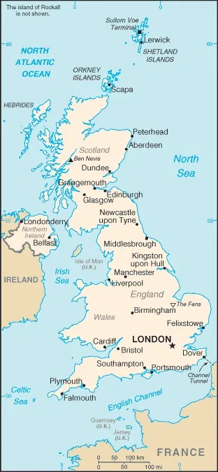 CIA World Factbook map of United Kingdom, showing major cities, rivers and neighbouring countries