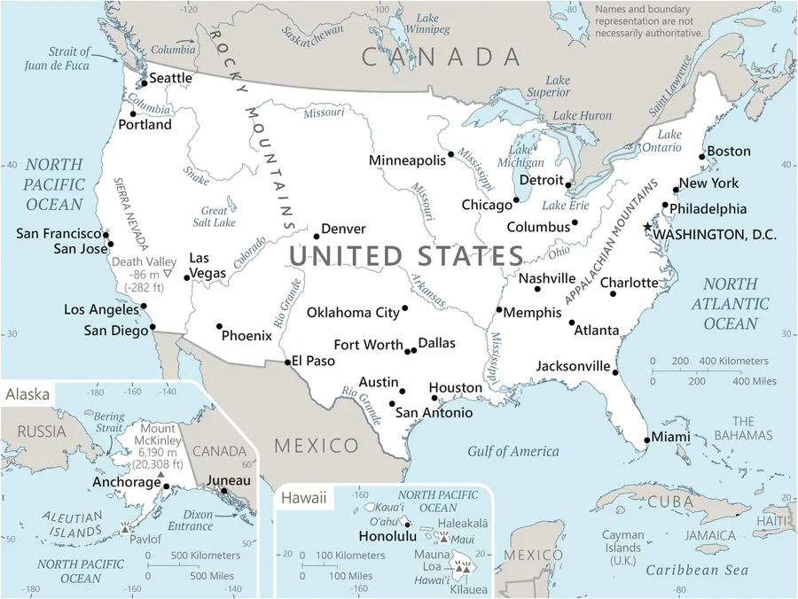 CIA World Factbook map of United States, showing major cities, rivers and neighbouring countries