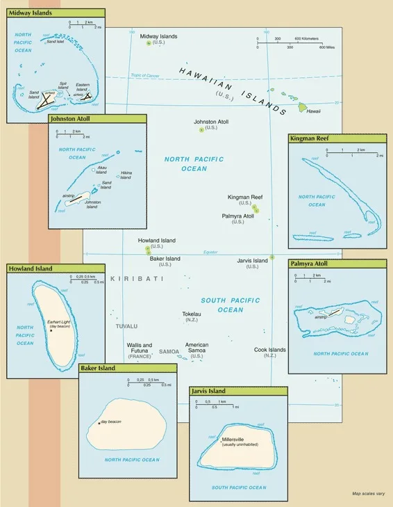 CIA World Factbook map of United States Pacific Island Wildlife Refuges, showing major cities, rivers and neighbouring countries