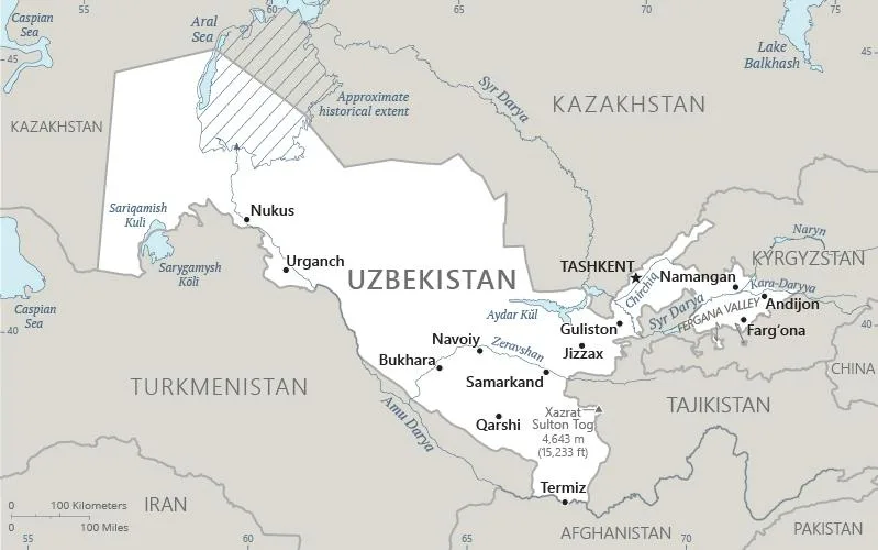CIA World Factbook map of Uzbekistan, showing major cities, rivers and neighbouring countries