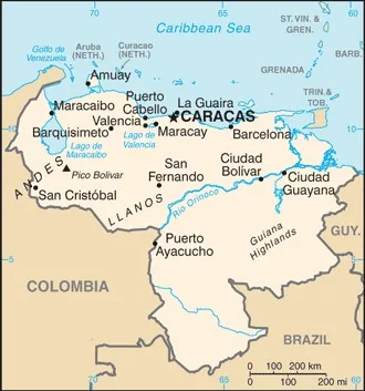 CIA World Factbook map of Venezuela, showing major cities, rivers and neighbouring countries