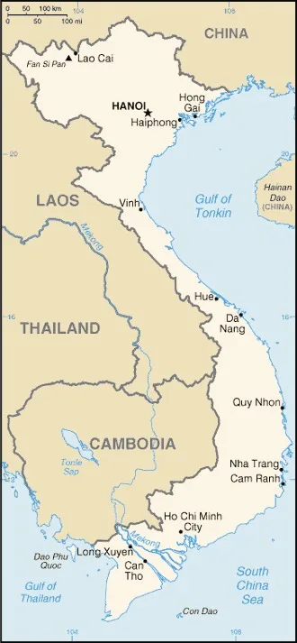 CIA World Factbook map of Vietnam, showing major cities, rivers and neighbouring countries