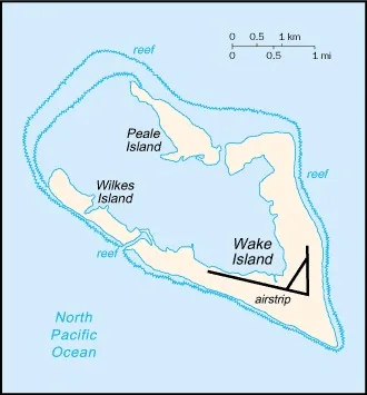 CIA World Factbook map of Wake Island, showing major cities, rivers and neighbouring countries