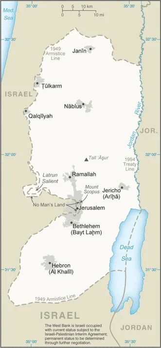 CIA World Factbook map of West Bank, showing major cities, rivers and neighbouring countries