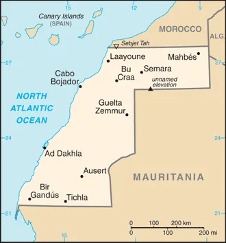 CIA World Factbook map of Western Sahara, showing major cities, rivers and neighbouring countries