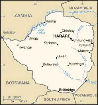 CIA World Factbook map of Zimbabwe, showing major cities, rivers and neighbouring countries